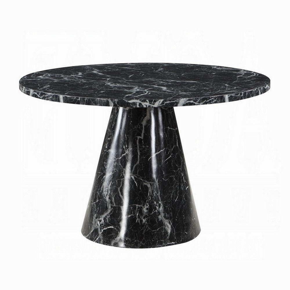 Benjara Olivia Dining Table, Pedestal Base, 48 Inch Round Black Faux Stone Top