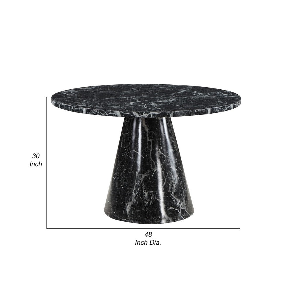 Benjara Olivia Dining Table, Pedestal Base, 48 Inch Round Black Faux Stone Top