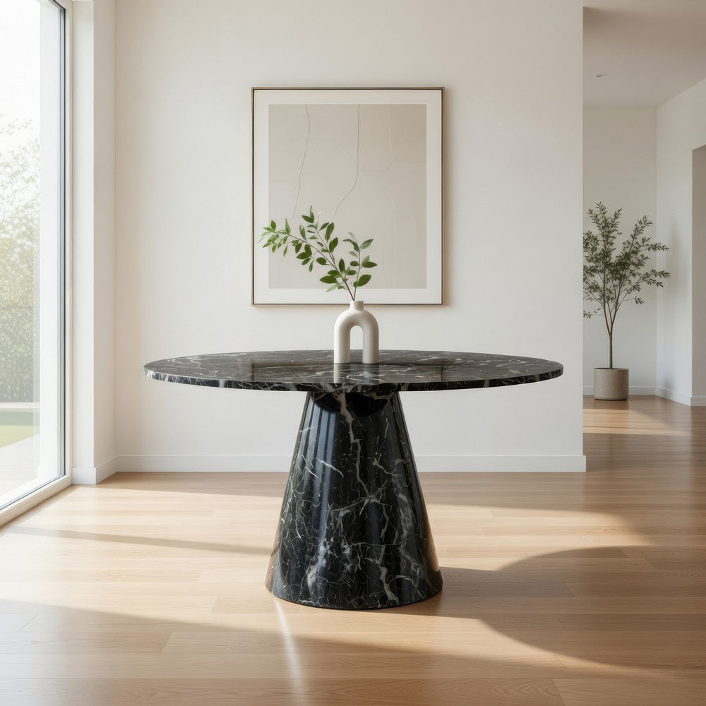 Benjara Olivia Dining Table, Pedestal Base, 48 Inch Round Black Faux Stone Top