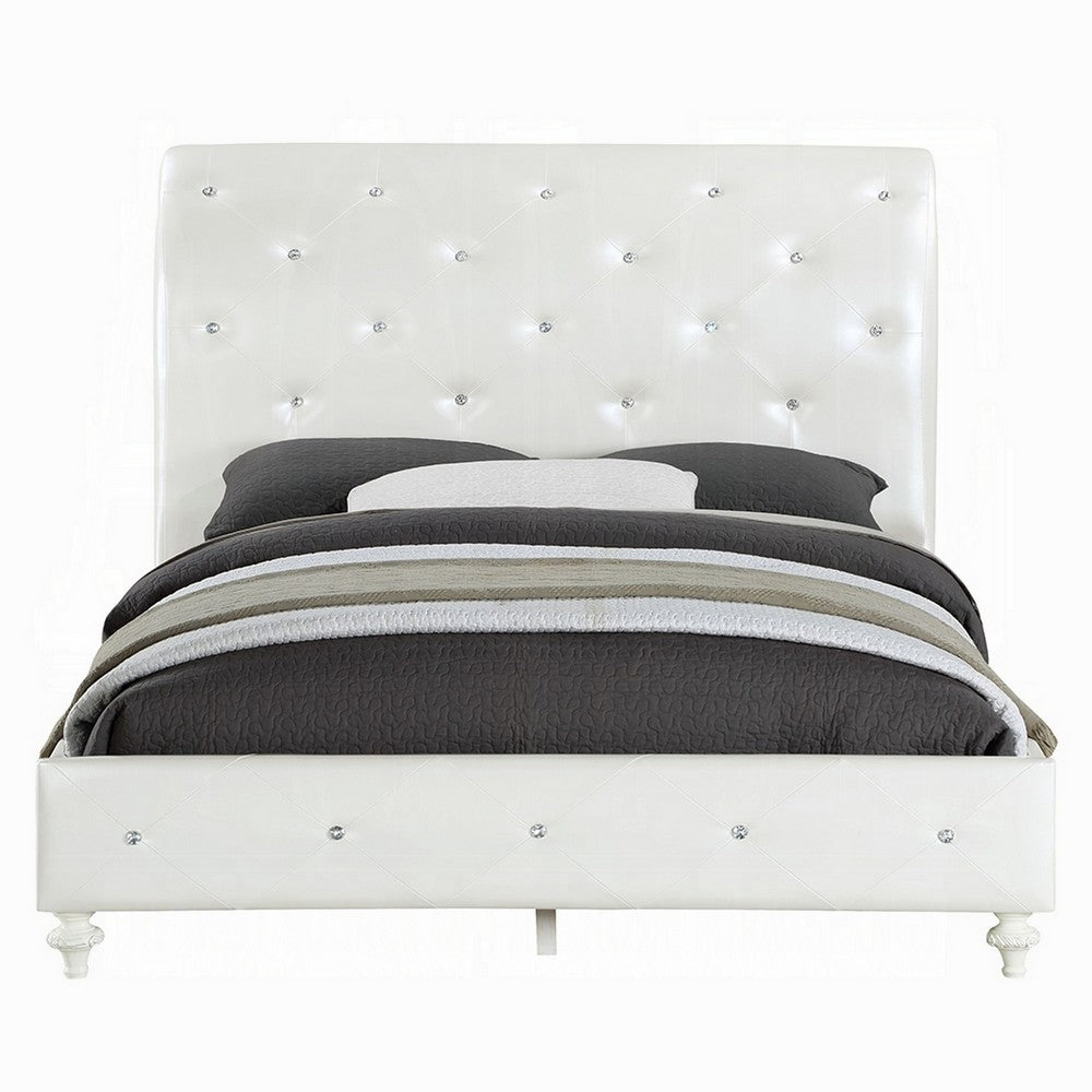 Benjara Dorie Twin Bed, Pearl White Faux Leather Victorian Carved w Crystals