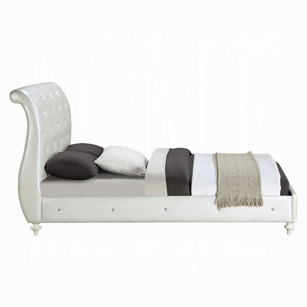 Benjara Dorie Twin Bed, Pearl White Faux Leather Victorian Carved w Crystals