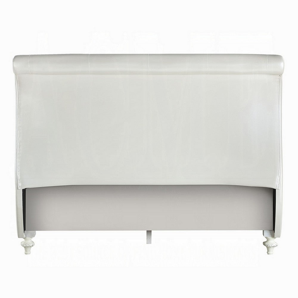 Benjara Dorie Twin Bed, Pearl White Faux Leather Victorian Carved w Crystals