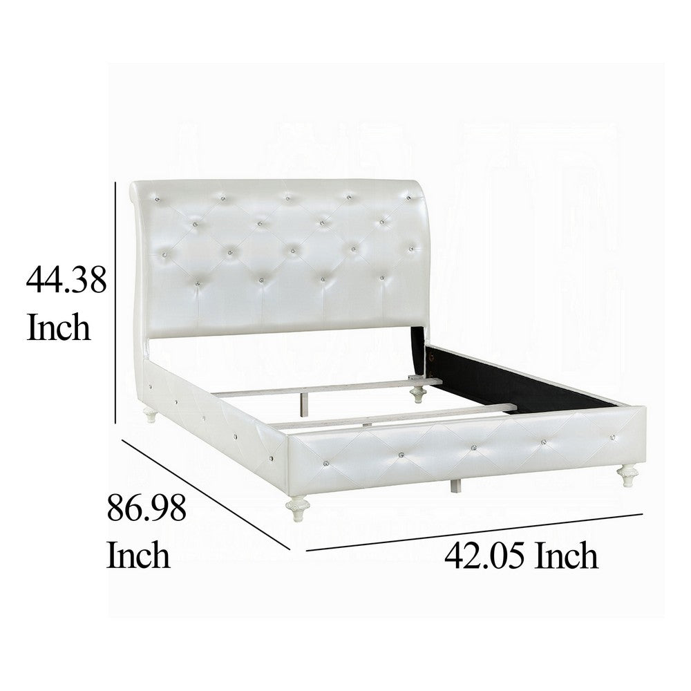 Benjara Dorie Twin Bed, Pearl White Faux Leather Victorian Carved w Crystals