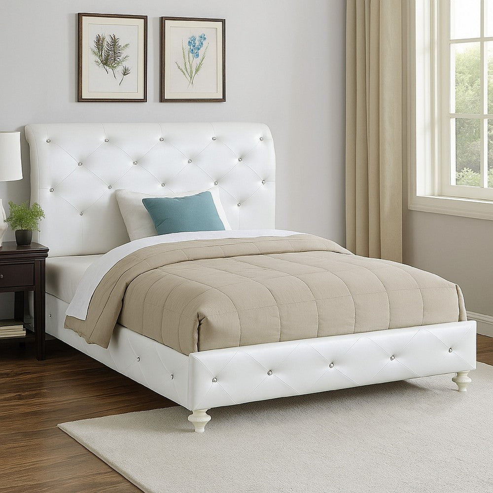 Benjara Dorie Twin Bed, Pearl White Faux Leather Victorian Carved w Crystals