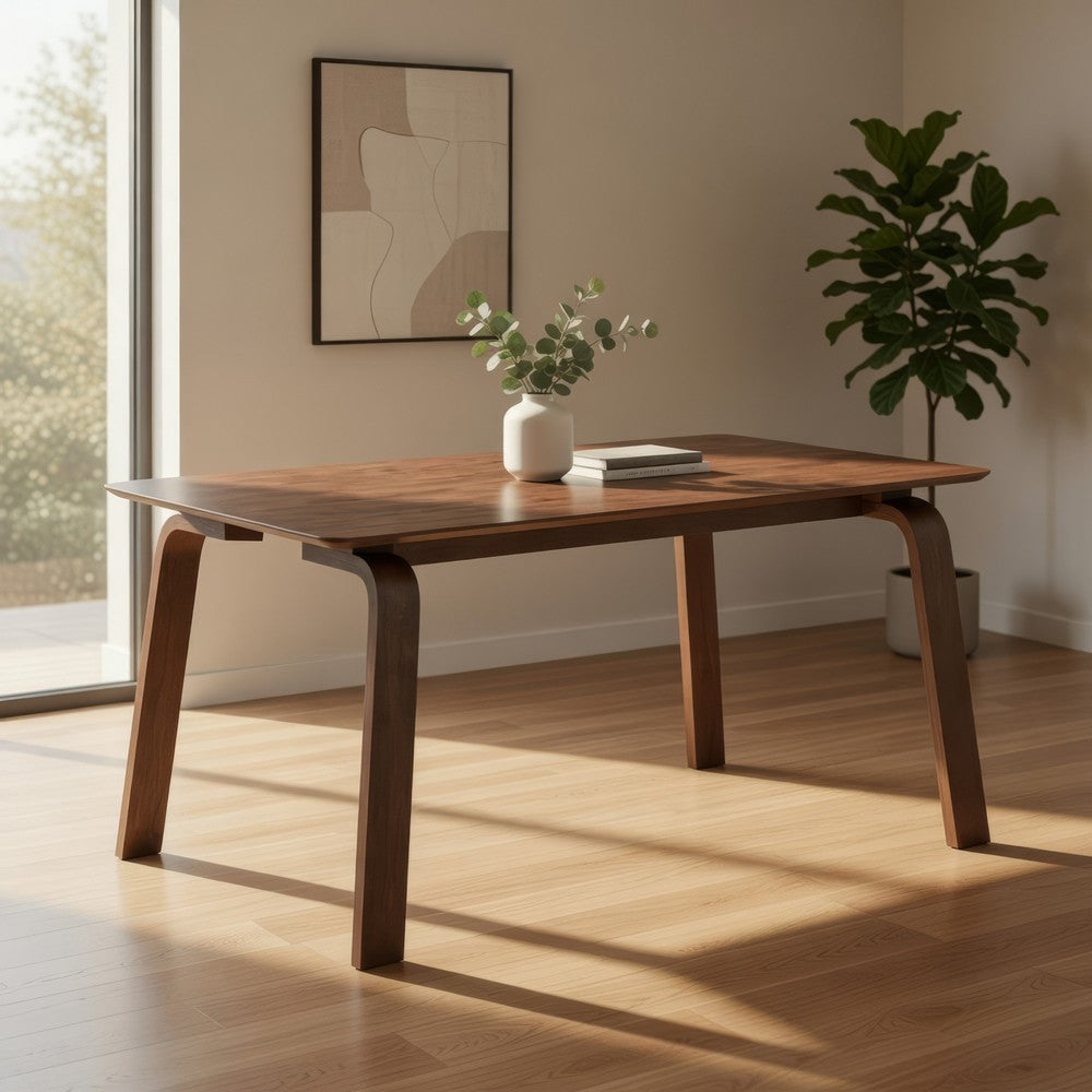 Benjara Kinni Dining Table, Walnut Brown Wood, Bent Legs, Rectangular 63 Inch