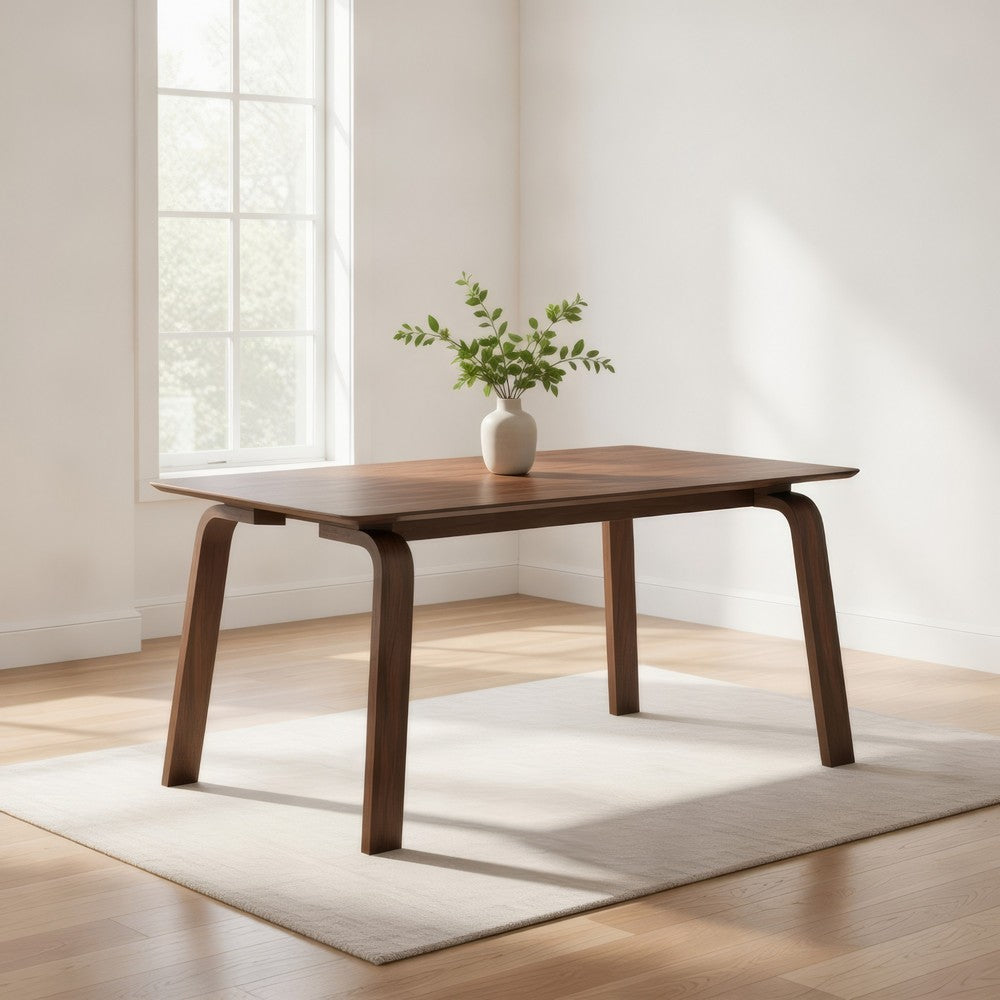 Benjara Kinni Dining Table, Walnut Brown Wood, Bent Legs, Rectangular 63 Inch