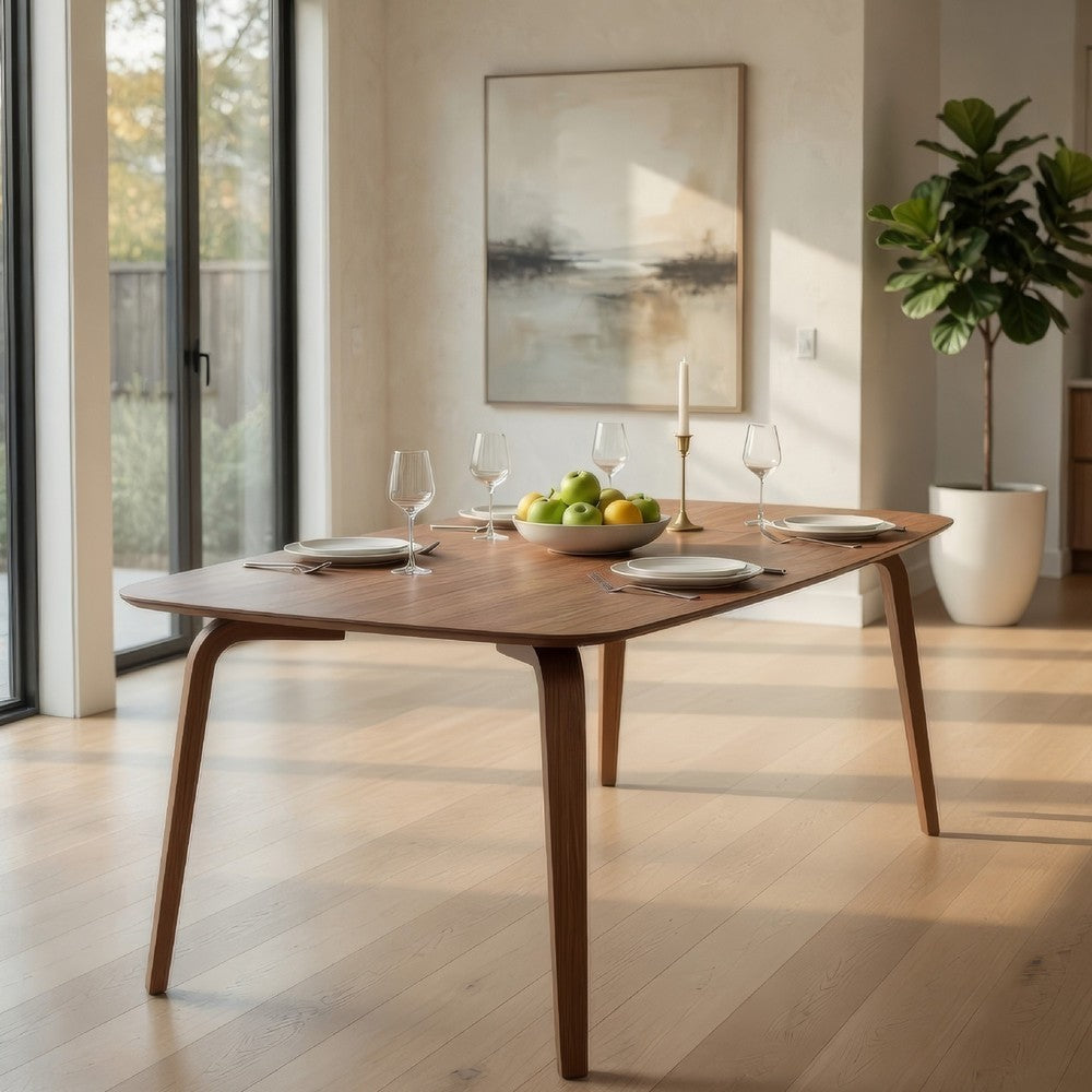 Benjara Kinni Dining Table, Walnut Brown Wood, Bent Legs, Rectangular 59 Inch