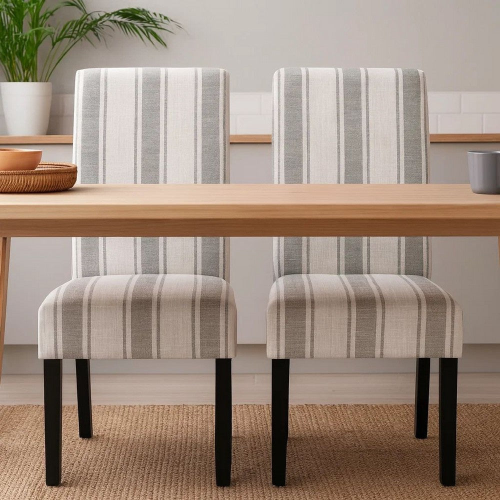 Benjara Dinner Chair Set of 2, Retro Style Armless Design, White Gray Stripes