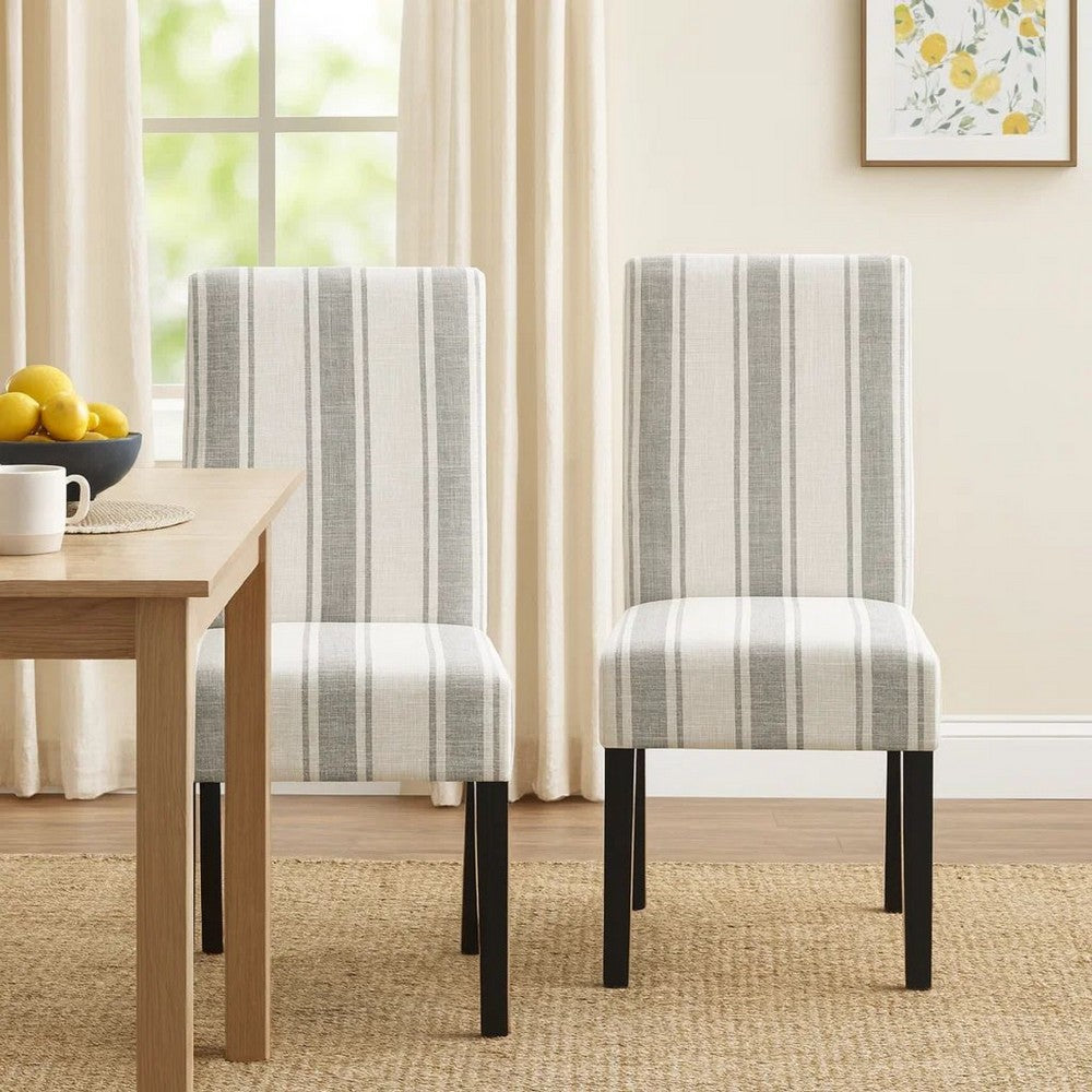Benjara Dinner Chair Set of 2, Retro Style Armless Design, White Gray Stripes
