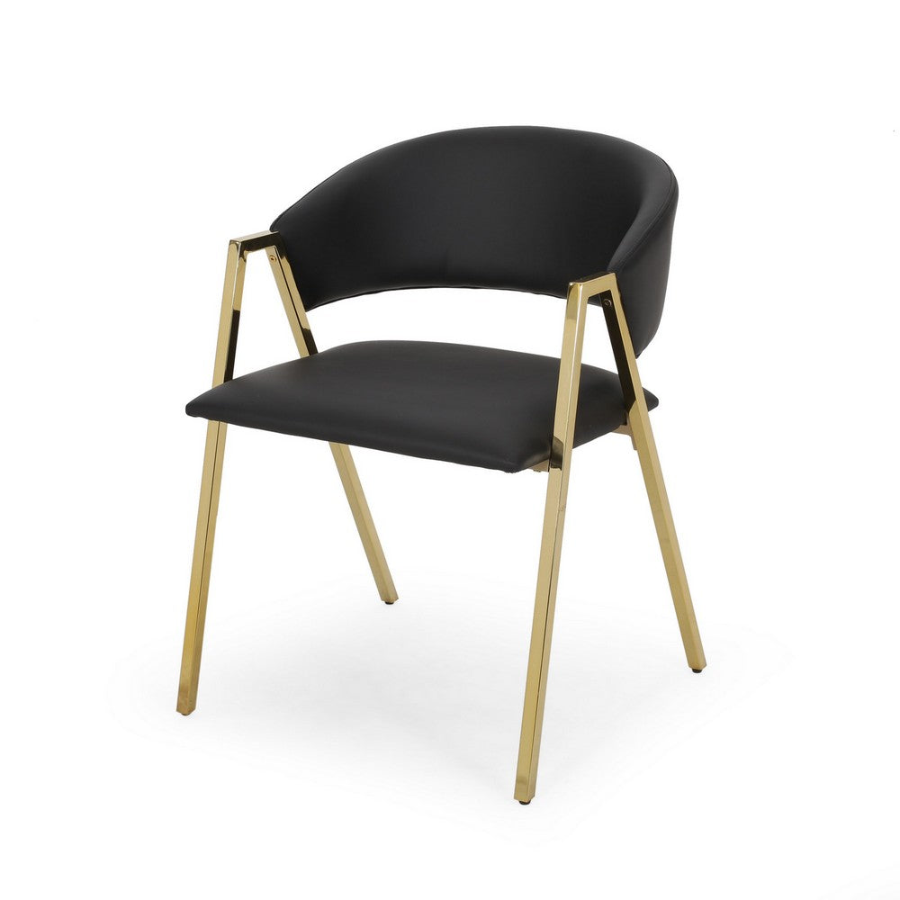 Benjara Dining Chair Set of 2, Modern Black Faux Leather, Gold Metal Legs