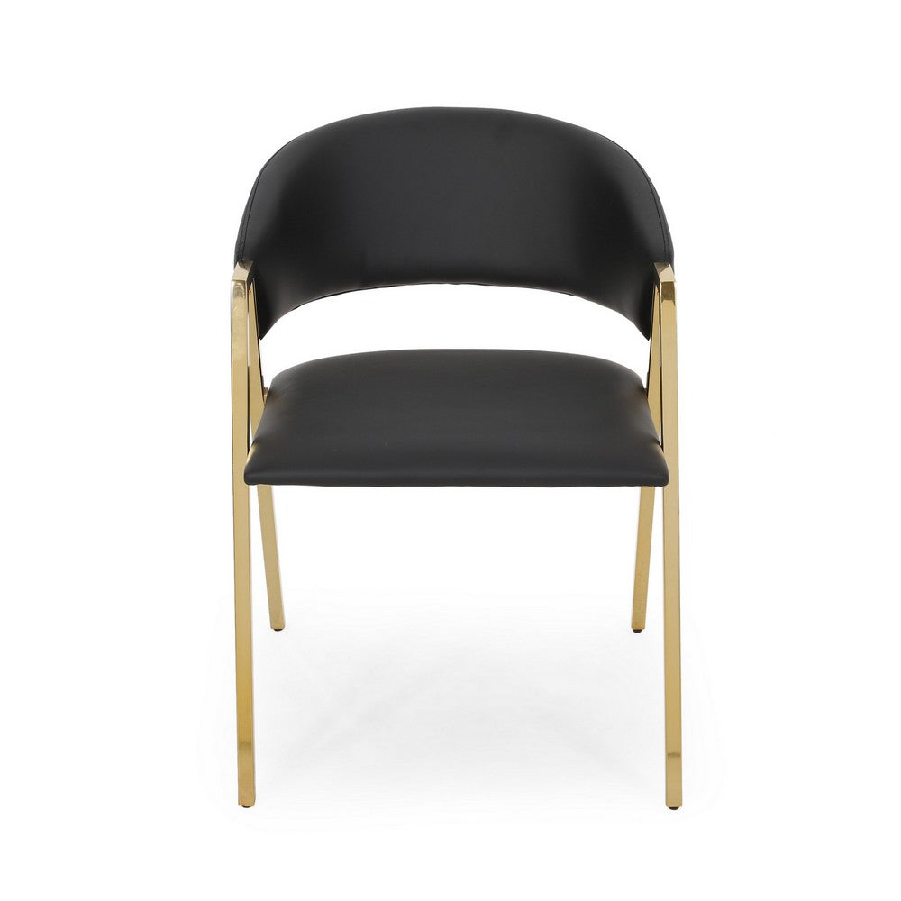 Benjara Dining Chair Set of 2, Modern Black Faux Leather, Gold Metal Legs