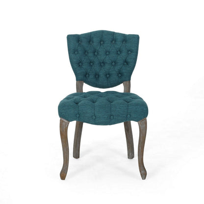 Benjara Dining Chair Set of 2, Button Tufted Teal Fabric Design, Rubberwood