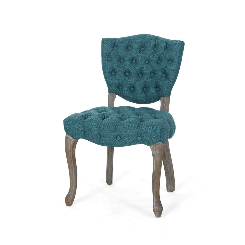 Benjara Dining Chair Set of 2, Button Tufted Teal Fabric Design, Rubberwood