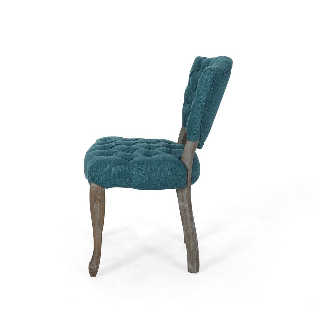 Benjara Dining Chair Set of 2, Button Tufted Teal Fabric Design, Rubberwood