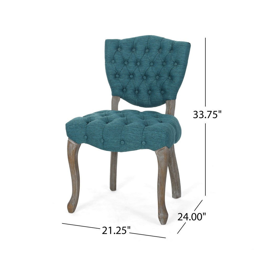 Benjara Dining Chair Set of 2, Button Tufted Teal Fabric Design, Rubberwood