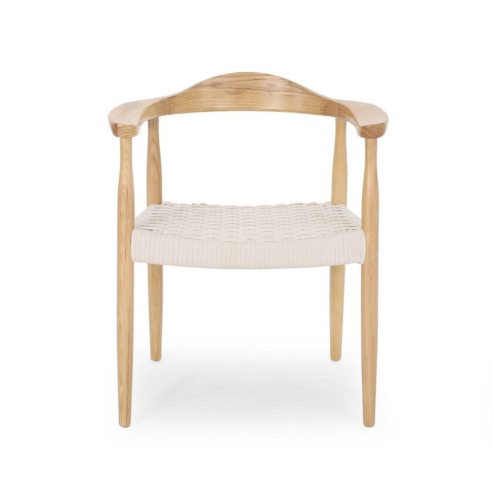 Benjara Accent Armchair, White Rope Woven Style Seat, Natural Brown Ash Wood