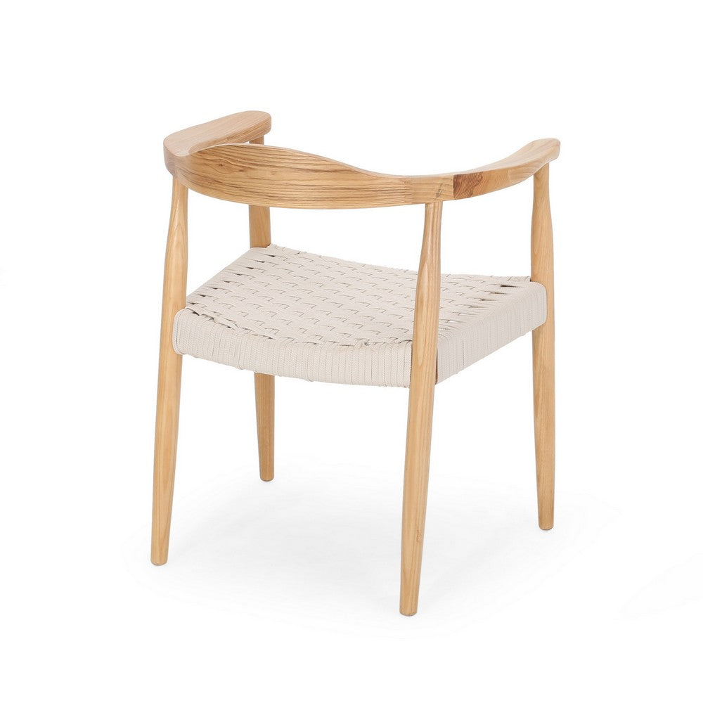 Benjara Accent Armchair, White Rope Woven Style Seat, Natural Brown Ash Wood