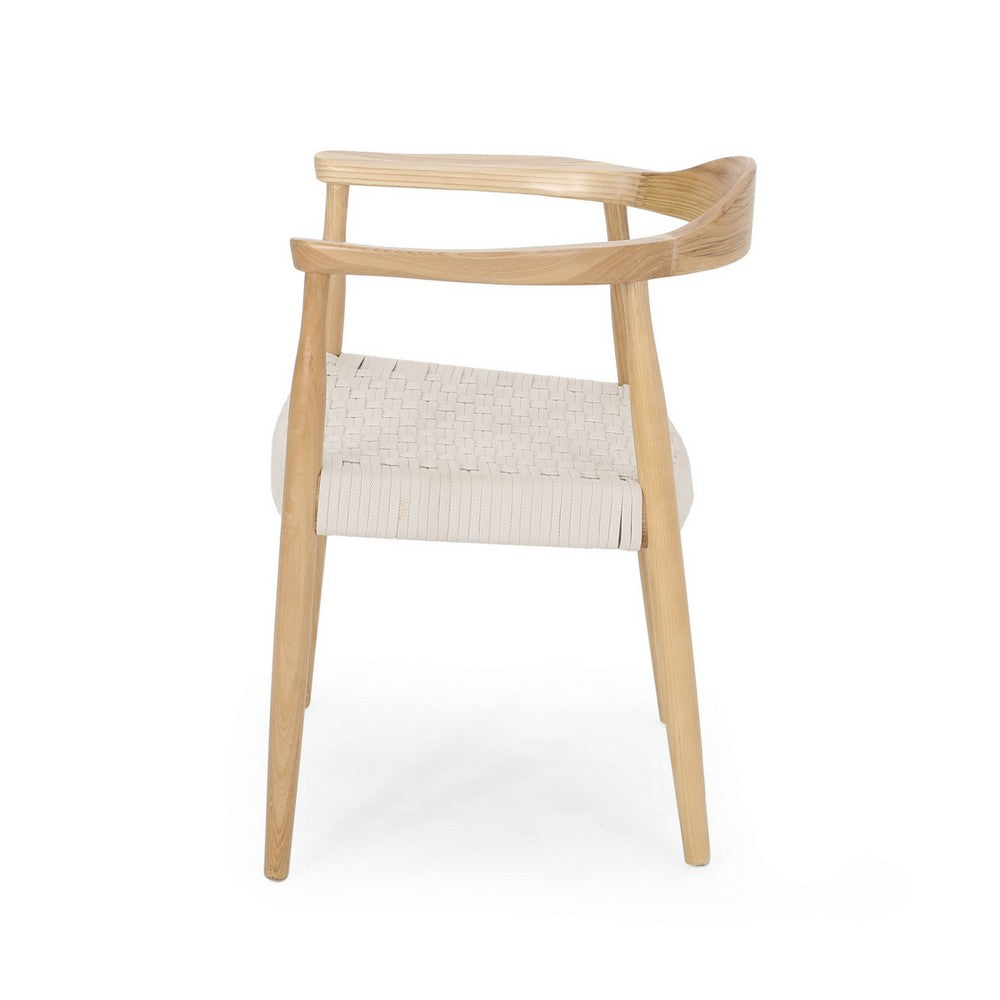 Benjara Accent Armchair, White Rope Woven Style Seat, Natural Brown Ash Wood
