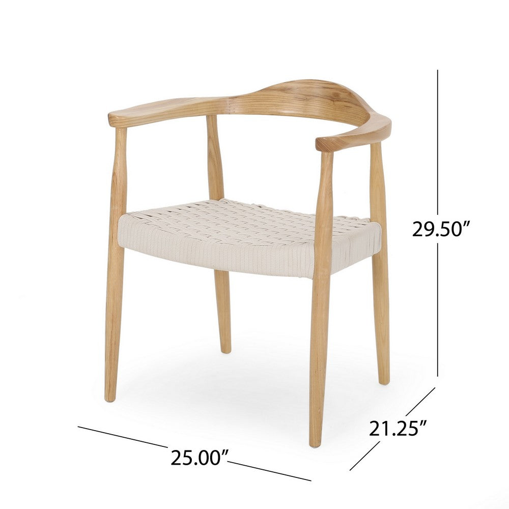 Benjara Accent Armchair, White Rope Woven Style Seat, Natural Brown Ash Wood