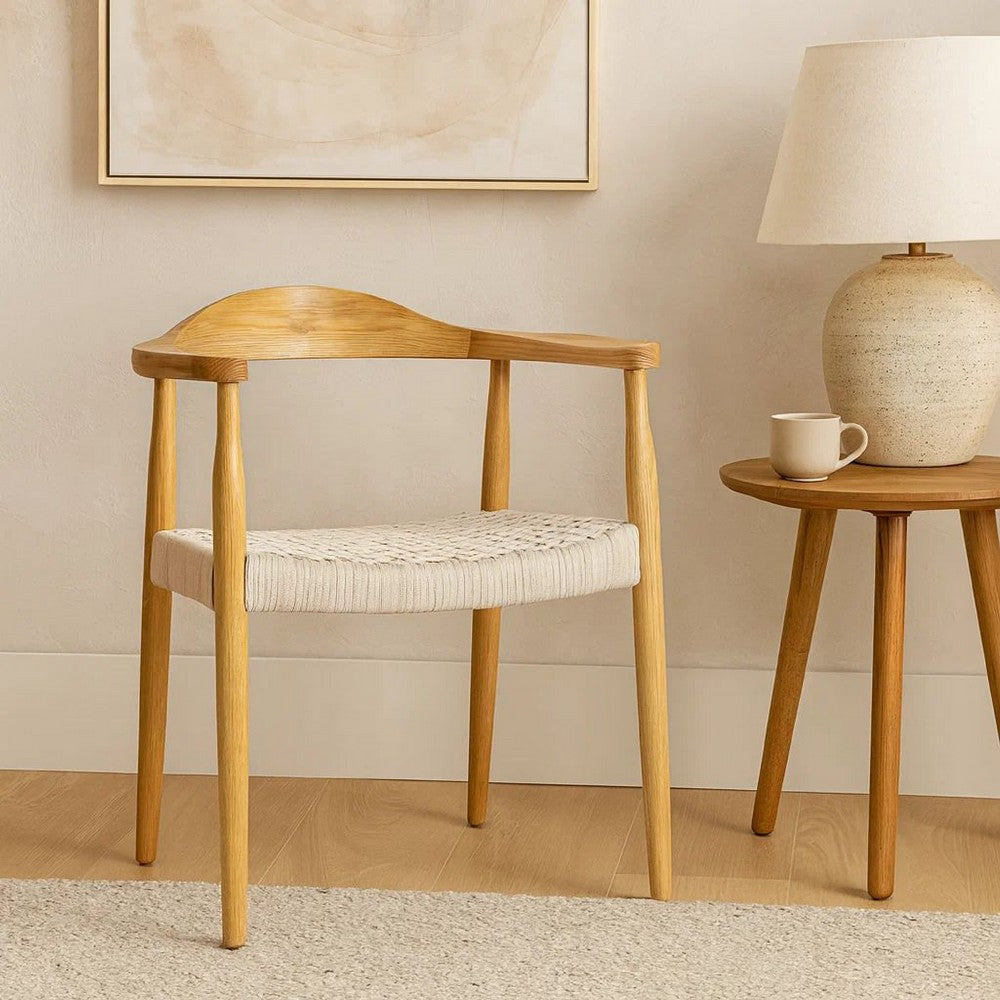 Benjara Accent Armchair, White Rope Woven Style Seat, Natural Brown Ash Wood