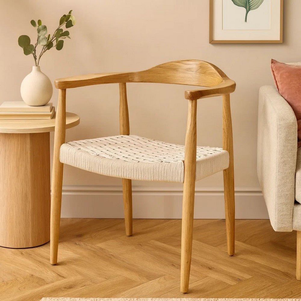 Benjara Accent Armchair, White Rope Woven Style Seat, Natural Brown Ash Wood
