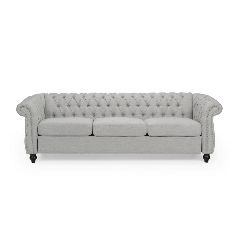 Benjara Sofa, 85 Inch Chesterfield Light Gray Button Tufted Fabric Design