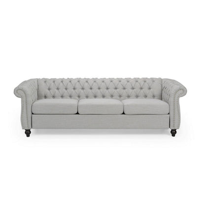 Benjara Sofa, 85 Inch Chesterfield Light Gray Button Tufted Fabric Design