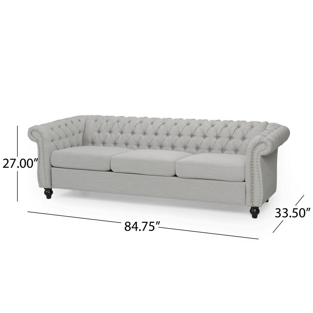 Benjara Sofa, 85 Inch Chesterfield Light Gray Button Tufted Fabric Design