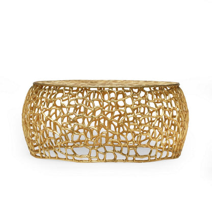 Benjara Coffee Table, 28 Inch Round Plinth Mesh Design, Open Gold Metal Frame