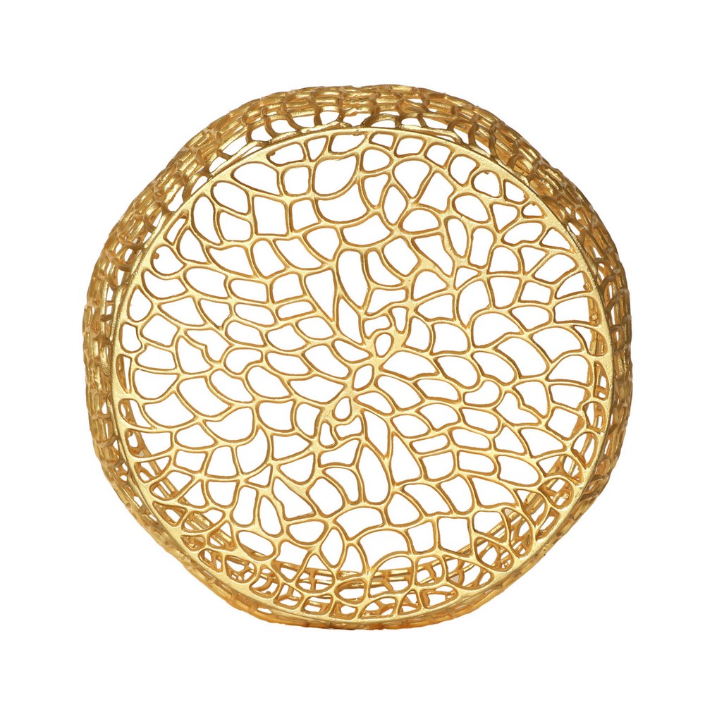 Benjara Coffee Table, 28 Inch Round Plinth Mesh Design, Open Gold Metal Frame