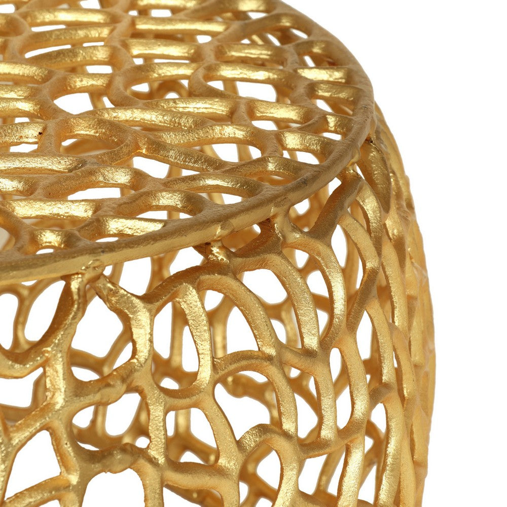 Benjara Coffee Table, 28 Inch Round Plinth Mesh Design, Open Gold Metal Frame