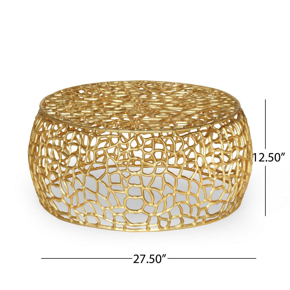 Benjara Coffee Table, 28 Inch Round Plinth Mesh Design, Open Gold Metal Frame