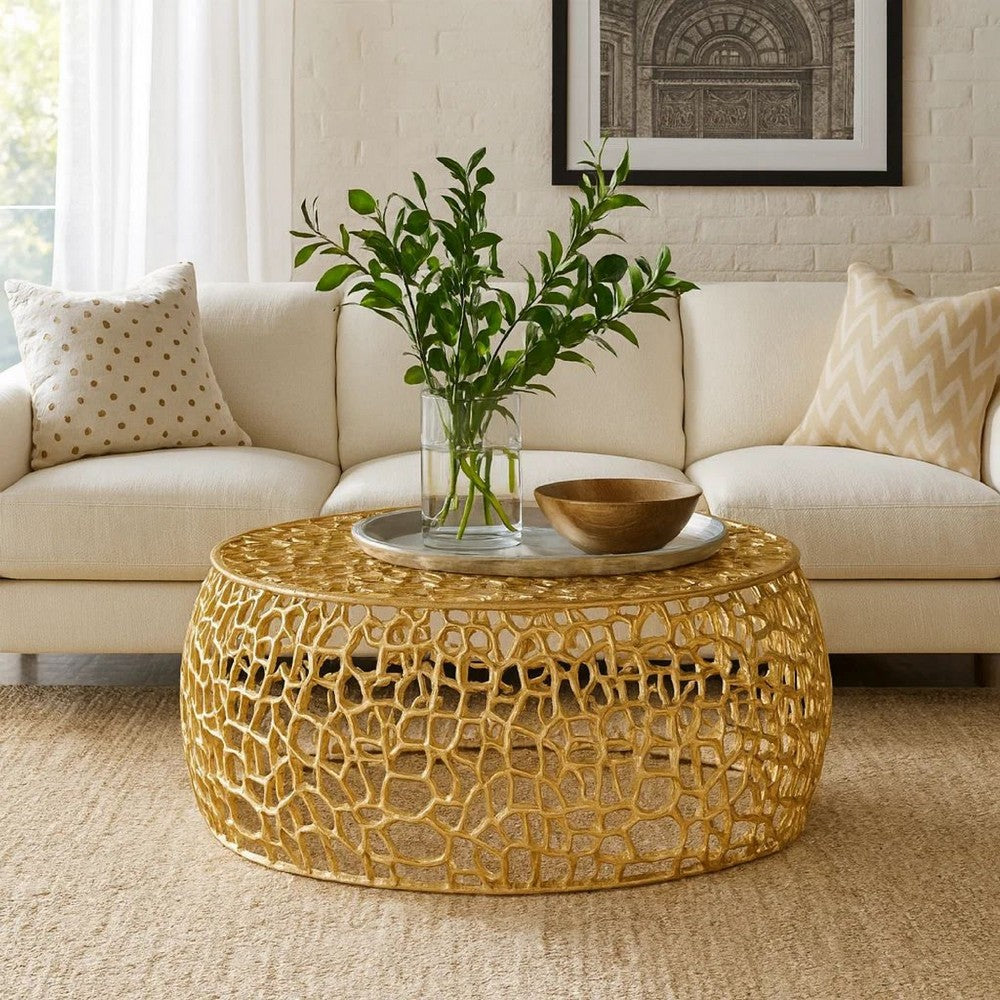 Benjara Coffee Table, 28 Inch Round Plinth Mesh Design, Open Gold Metal Frame