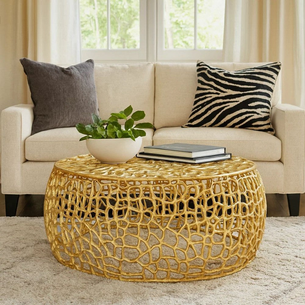 Benjara Coffee Table, 28 Inch Round Plinth Mesh Design, Open Gold Metal Frame