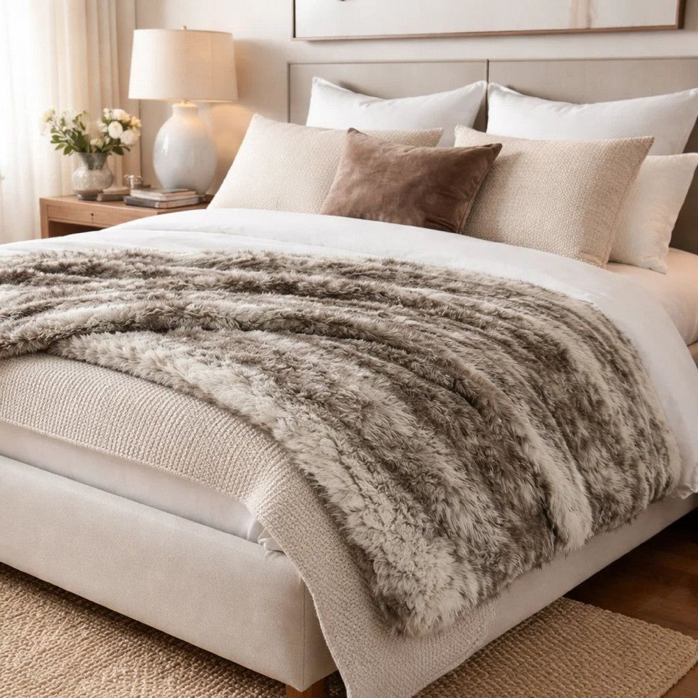Benjara Throw Blanket, 50 x 60 Soft Faux Fur Design, Heather Gray Finish