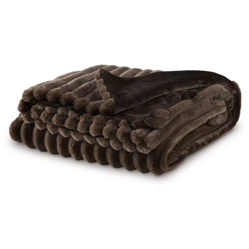Benjara Faux Fur Throw Blanket, 61 Inch Plush Dark Brown Striped Polyester