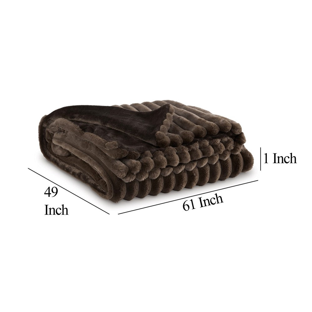 Benjara Faux Fur Throw Blanket, 61 Inch Plush Dark Brown Striped Polyester