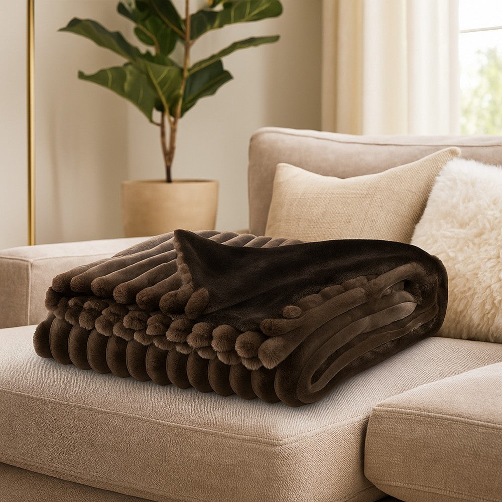 Benjara Faux Fur Throw Blanket, 61 Inch Plush Dark Brown Striped Polyester