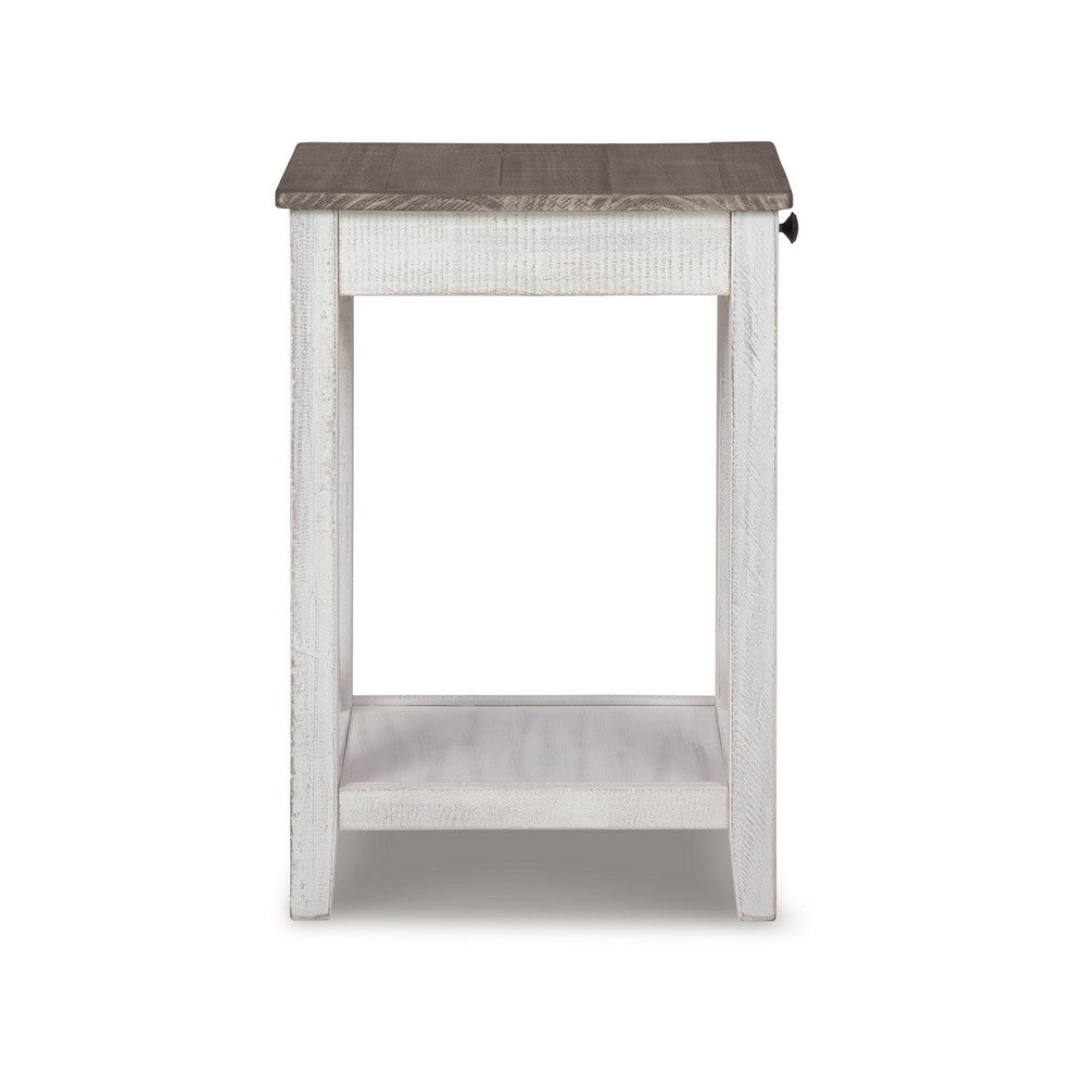 Benjara Accent Table, 1 Drawer And Shelf, USB Ports, 25 Inch White Solid Wood