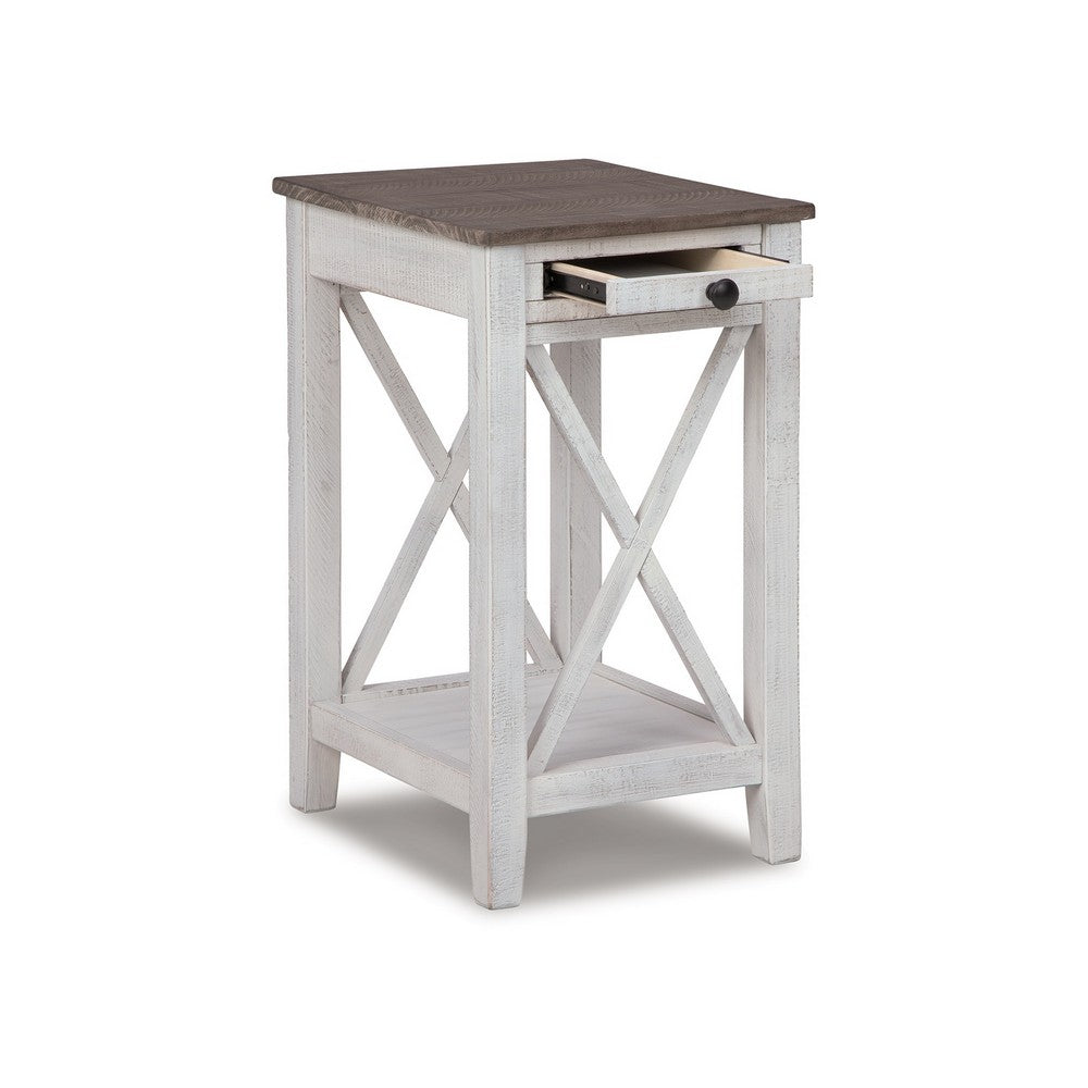 Benjara Accent Table, 1 Drawer And Shelf, USB Ports, 25 Inch White Solid Wood