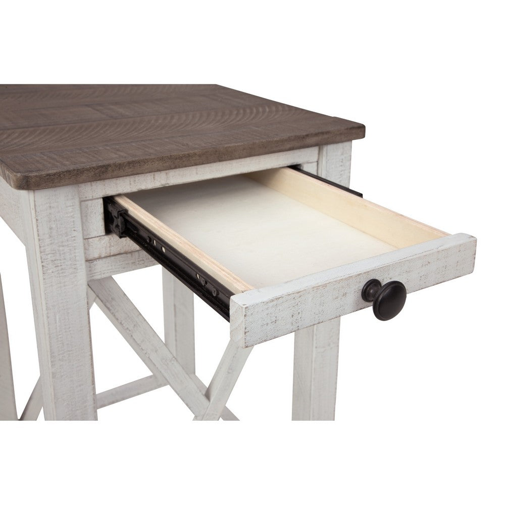 Benjara Accent Table, 1 Drawer And Shelf, USB Ports, 25 Inch White Solid Wood
