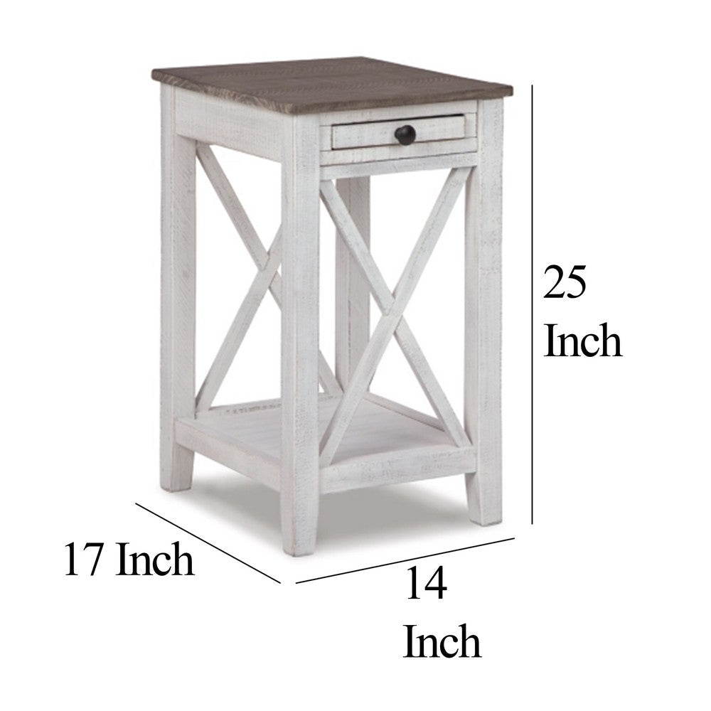 Benjara Accent Table, 1 Drawer And Shelf, USB Ports, 25 Inch White Solid Wood