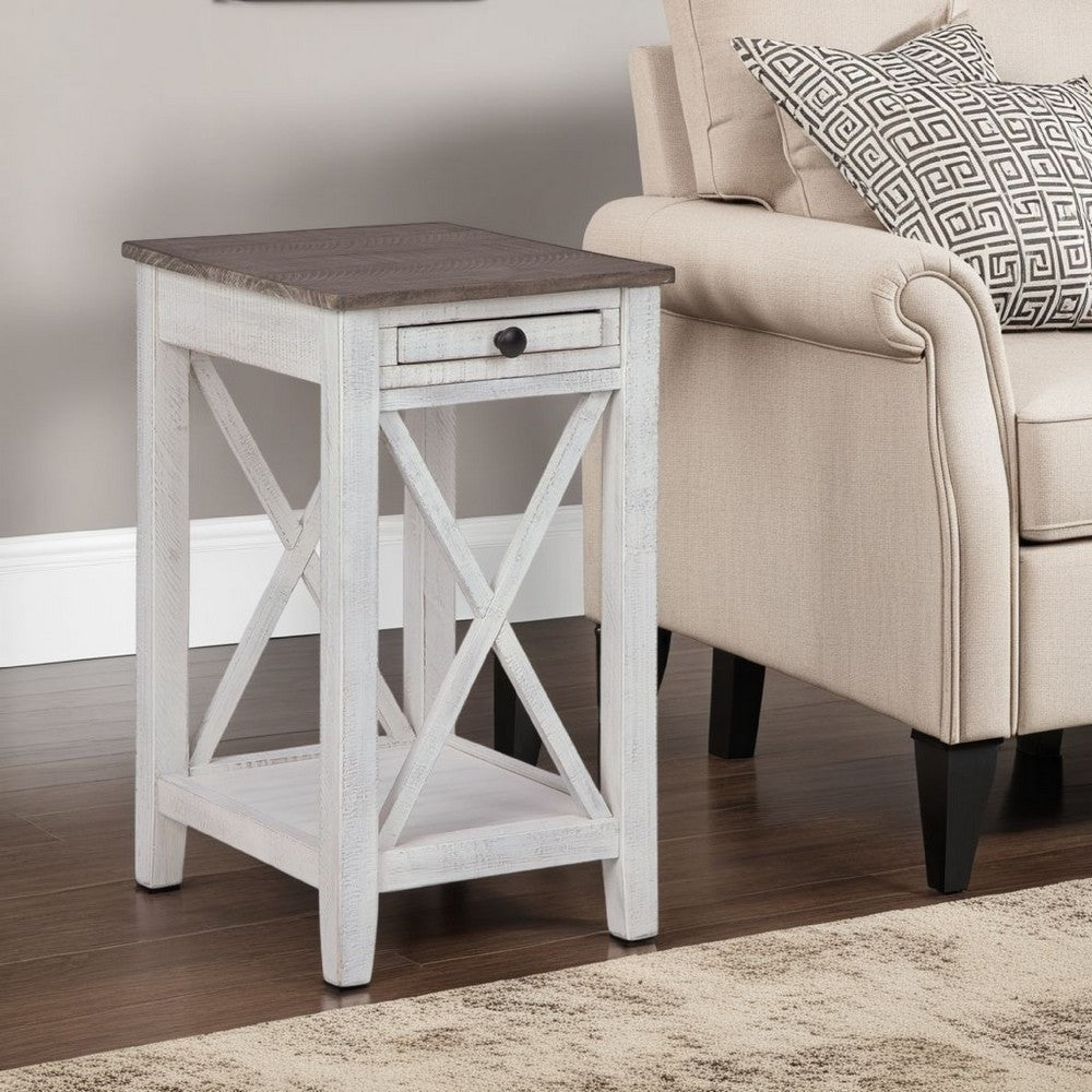 Benjara Accent Table, 1 Drawer And Shelf, USB Ports, 25 Inch White Solid Wood