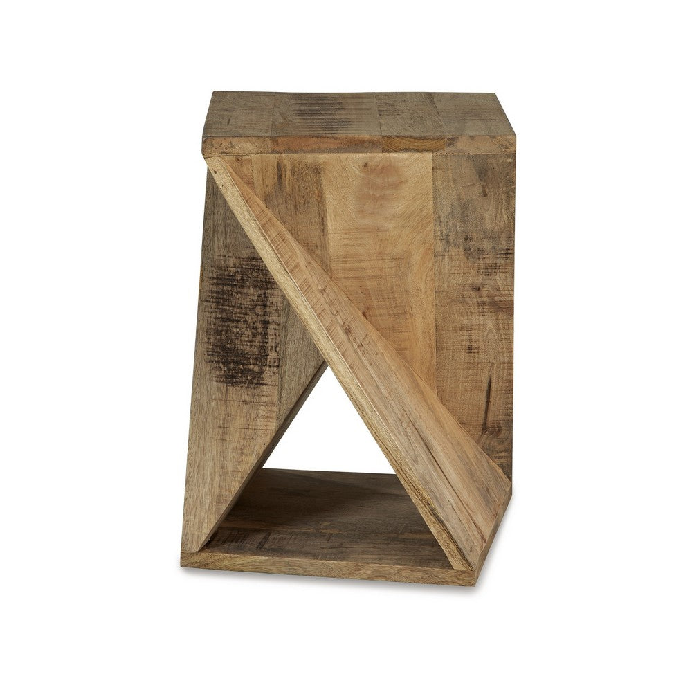 Benjara Axoi Accent Side End Table, Solid Wood Twist, 14 Inch Distressed Brown