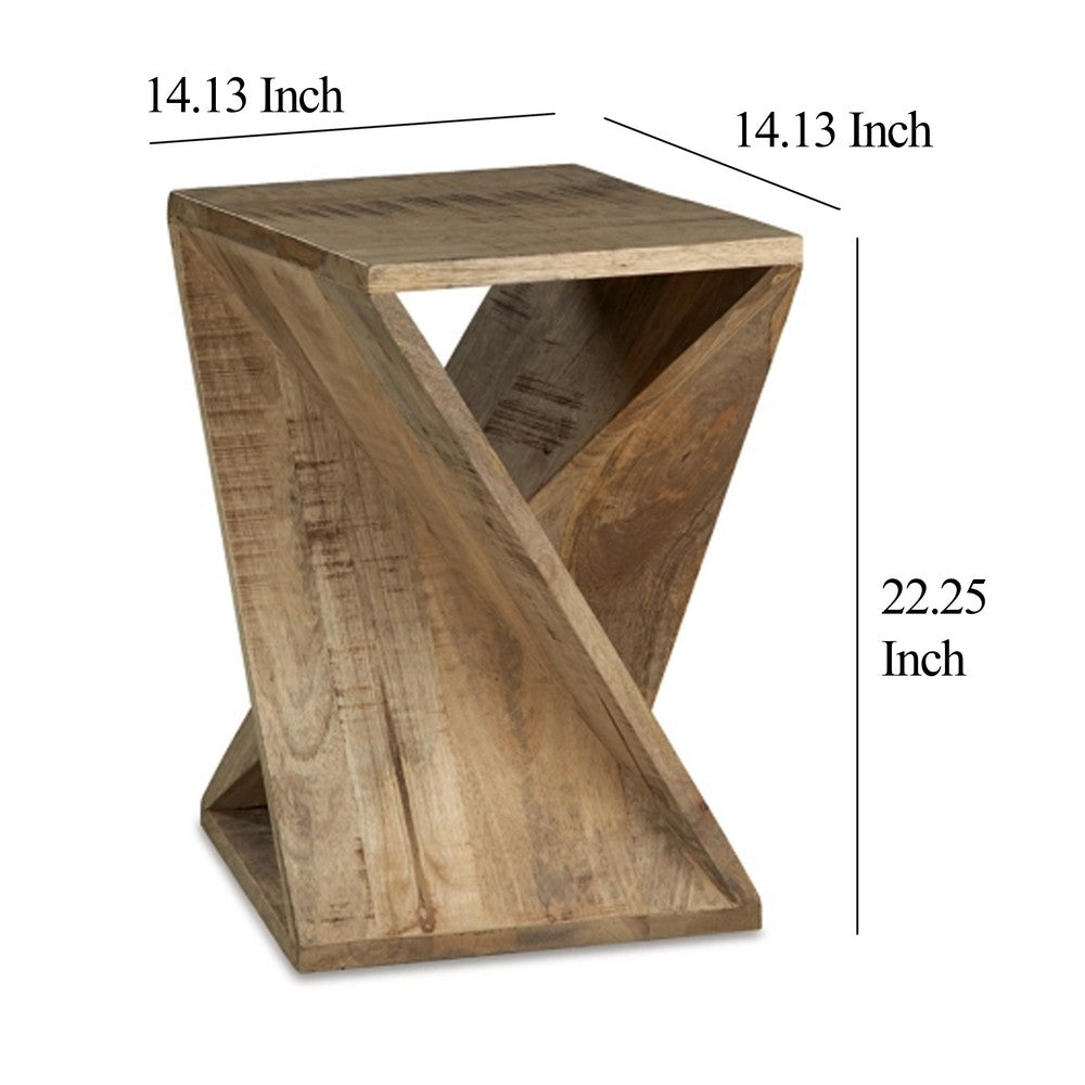 Benjara Axoi Accent Side End Table, Solid Wood Twist, 14 Inch Distressed Brown
