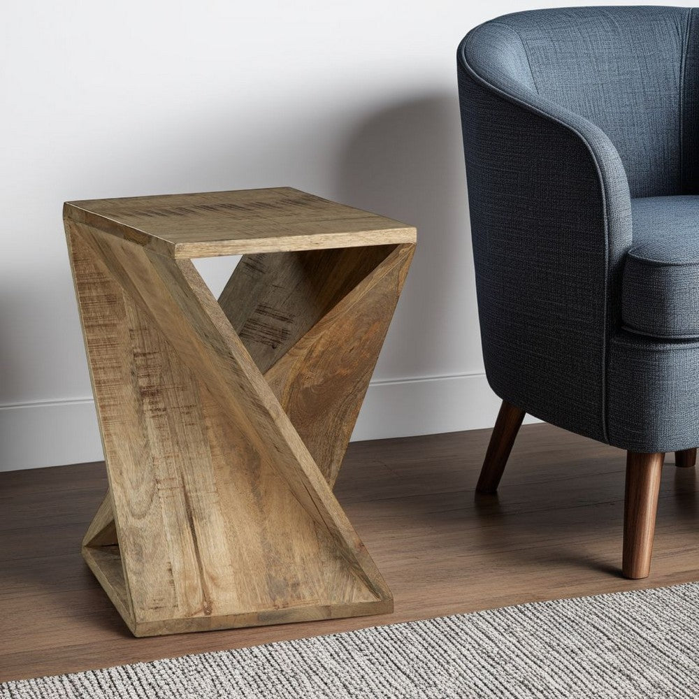 Benjara Axoi Accent Side End Table, Solid Wood Twist, 14 Inch Distressed Brown