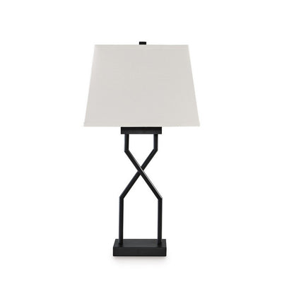Benjara Table Lamp Set of 2, Empire Fabric Shade, Black Geometric Base w USB
