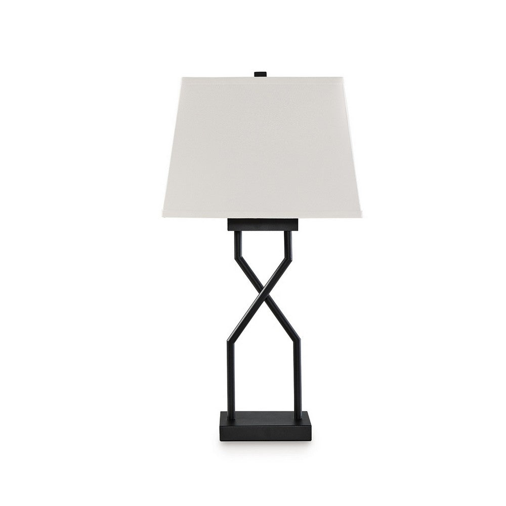 Benjara Table Lamp Set of 2, Empire Fabric Shade, Black Geometric Base w USB