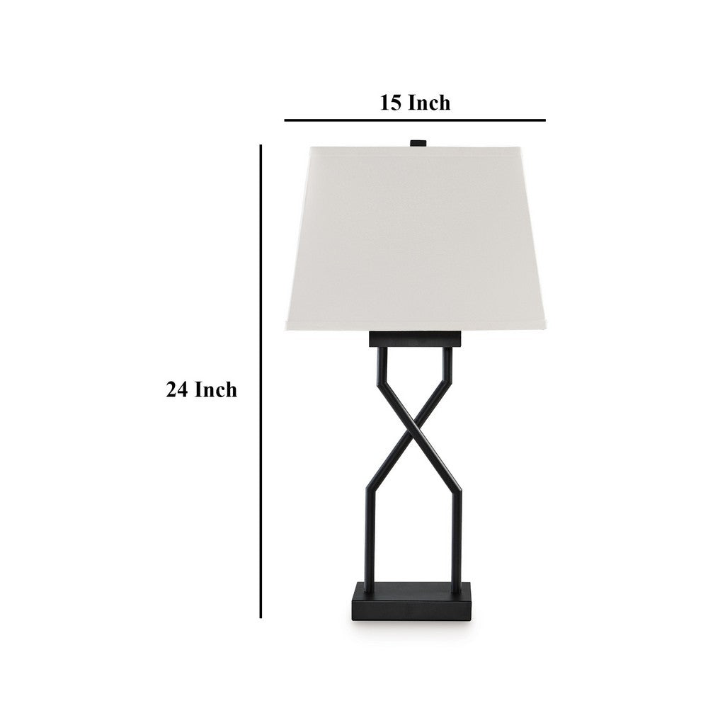 Benjara Table Lamp Set of 2, Empire Fabric Shade, Black Geometric Base w USB
