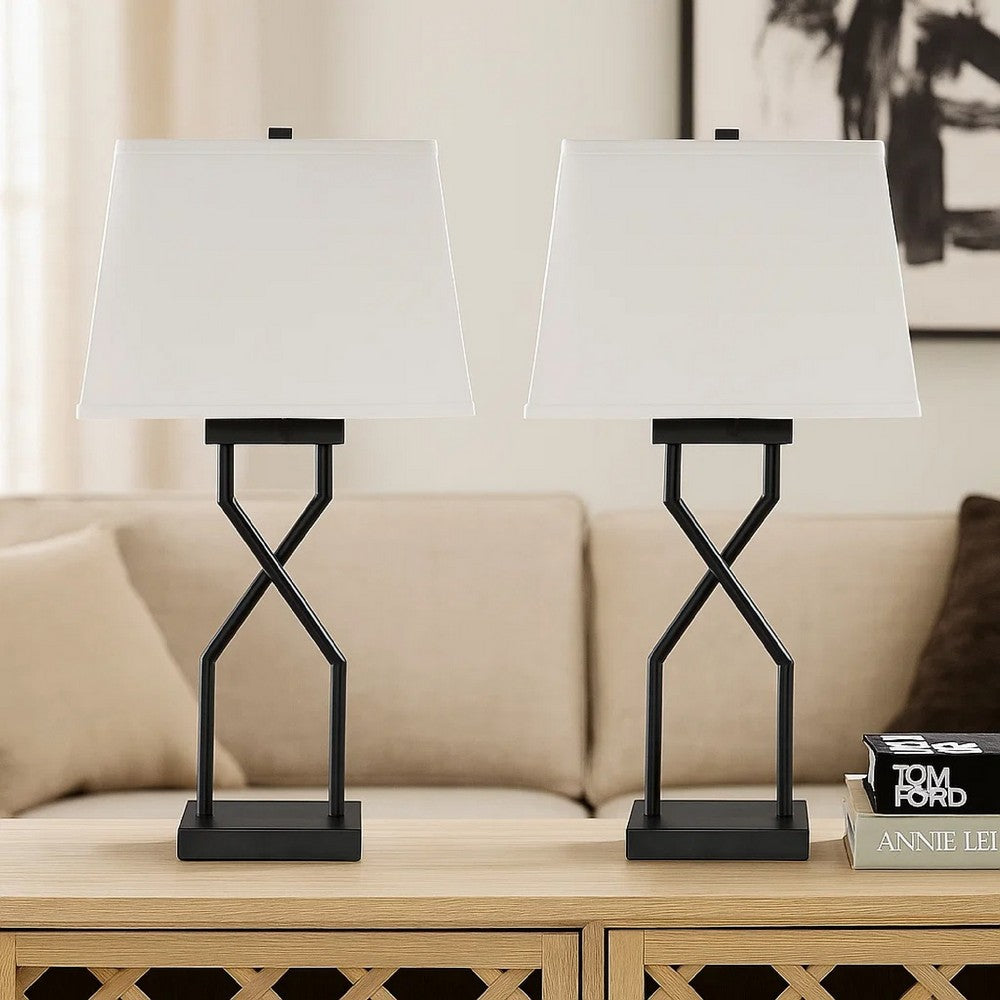 Benjara Table Lamp Set of 2, Empire Fabric Shade, Black Geometric Base w USB